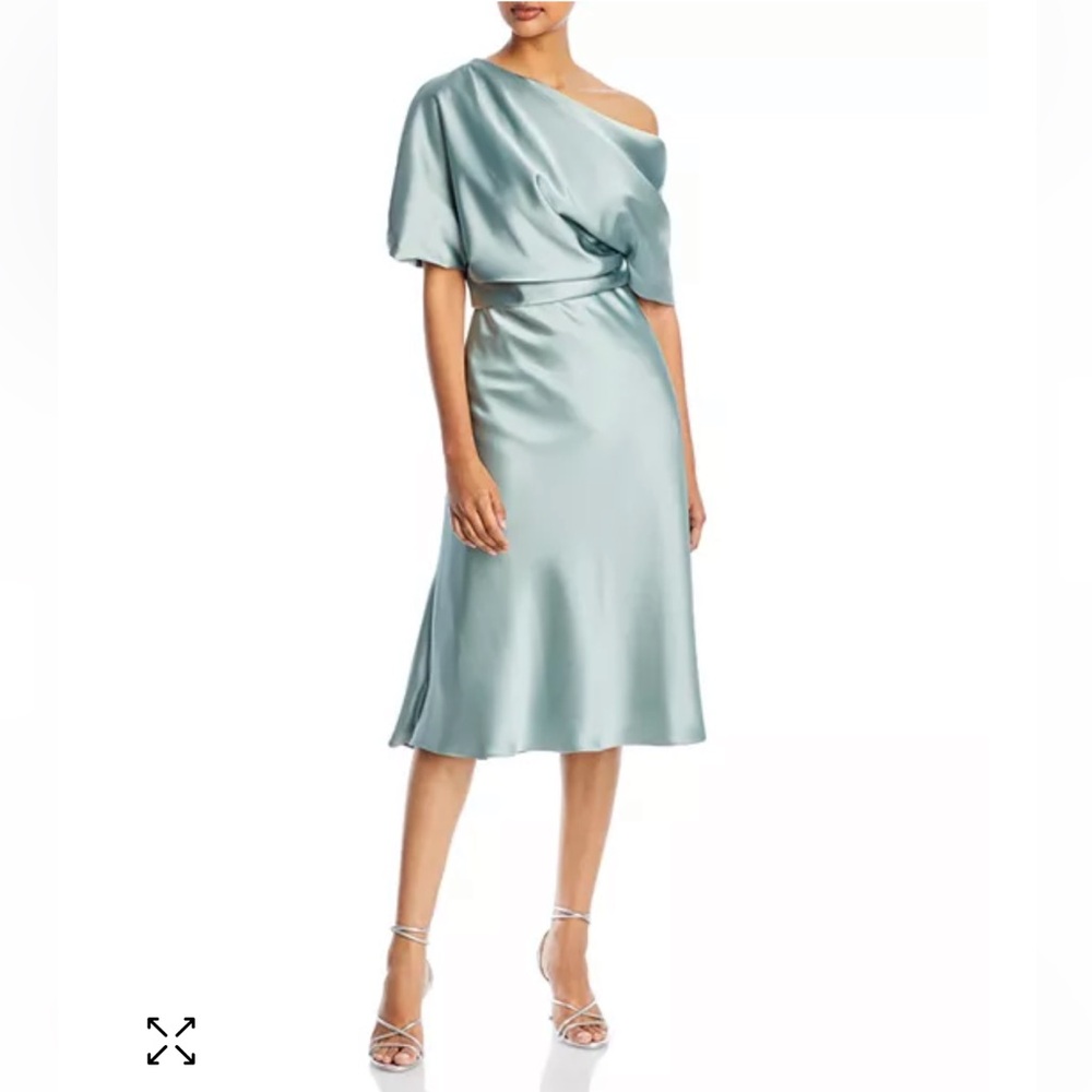 Amsale One-Shoulder Satin Midi Dress in Light Seafoam Green